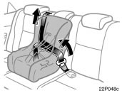 Toyota Prius: Child restraint. 3. While pressing the convertible seatfirmly against the seat cushion andseatback, let the shoulder belt retractas far as it will go to hold the convertibleseat securely.