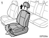 Toyota Prius: Front seats. 1. Remove the head restraint. Hold thecenter of the lever and pull it up.Then slide the seat further forwardthan the front−most lock position.