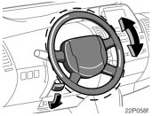 Toyota Prius: Tilt steering wheel. To change the steering wheel angle,hold the steering wheel, push down thelock release lever, tilt the steeringwheel to the desired angle and pushthe lever up to lock the steering wheelin position.