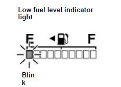 Toyota Prius: Fuel gauge. If the fuel level approaches “E” or the lowfuel level indicator light blinks, fill the fueltank as soon as possible.
