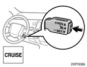 Toyota Prius: Cruise control. To operate the cruise control, push the“ON·OFF” switch. This turns the systemon. The indicator light in the instrumentpanel shows that you can now set thevehicle at a desired cruising speed. Anotherpush on the switch will turn the systemcompletely off.