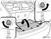 Toyota Prius: Luggage storage box. 1. To open the luggage storage box, turnthe knob to the “UNLOCK” position andopen the lid.