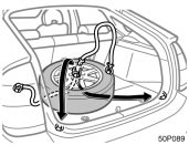 Toyota Prius: Stowing flat tire. 3. Pass the belts through the centerhole of the wheel as shown above.