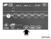 Toyota Prius: Compact disc player operation (Type 1 and Type 2). Touch the “RPT” switch briefly. When thetrack is finished, the player will automaticallygo back to the beginning of the trackand play the track again. To cancel it,touch the “RPT” switch once again.