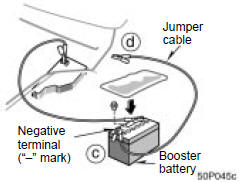 Toyota Prius: (a) Simple checks. c. Connect the clamp of the negative(black) jumper cable to the negative(–) terminal on the booster battery.