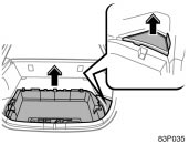 Toyota Prius: Checking 12 volt battery condition. Open the back door. Remove the luggagestorage box and 12 volt batterycover.